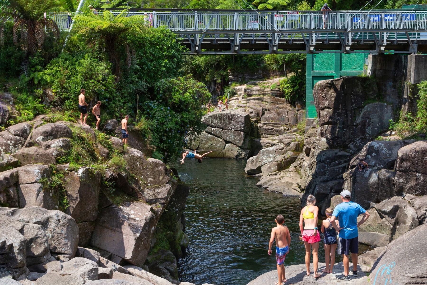 Family enjoying dip at McLaren Falls in the Bay of Plenty