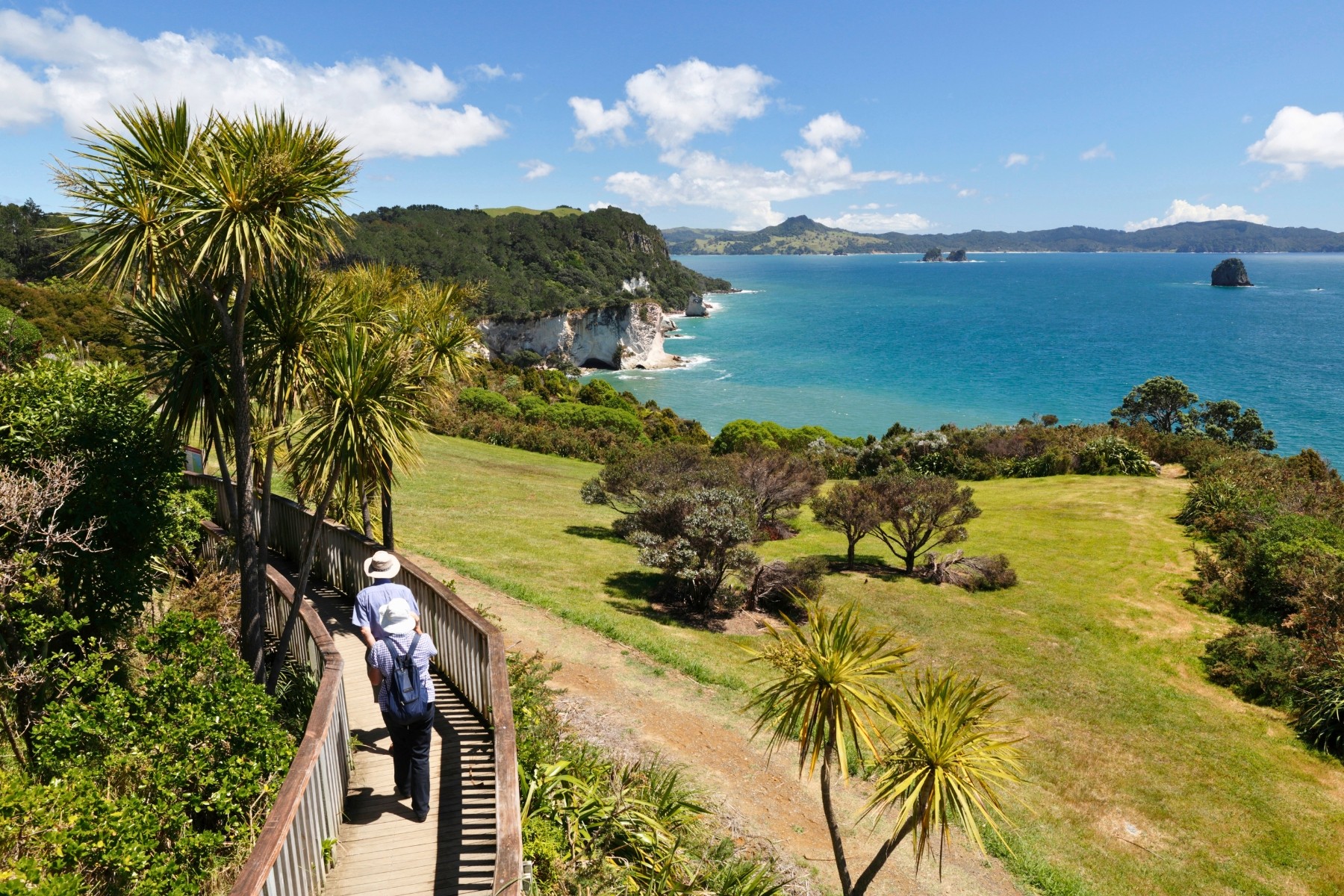 Couple walking along boardwalk with view of Cathedral Cove in Coromandel